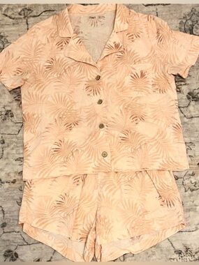 Faherty Peach Palm Linen Blend Lounge Set Resort Pajama Set Coastal Vacation XS